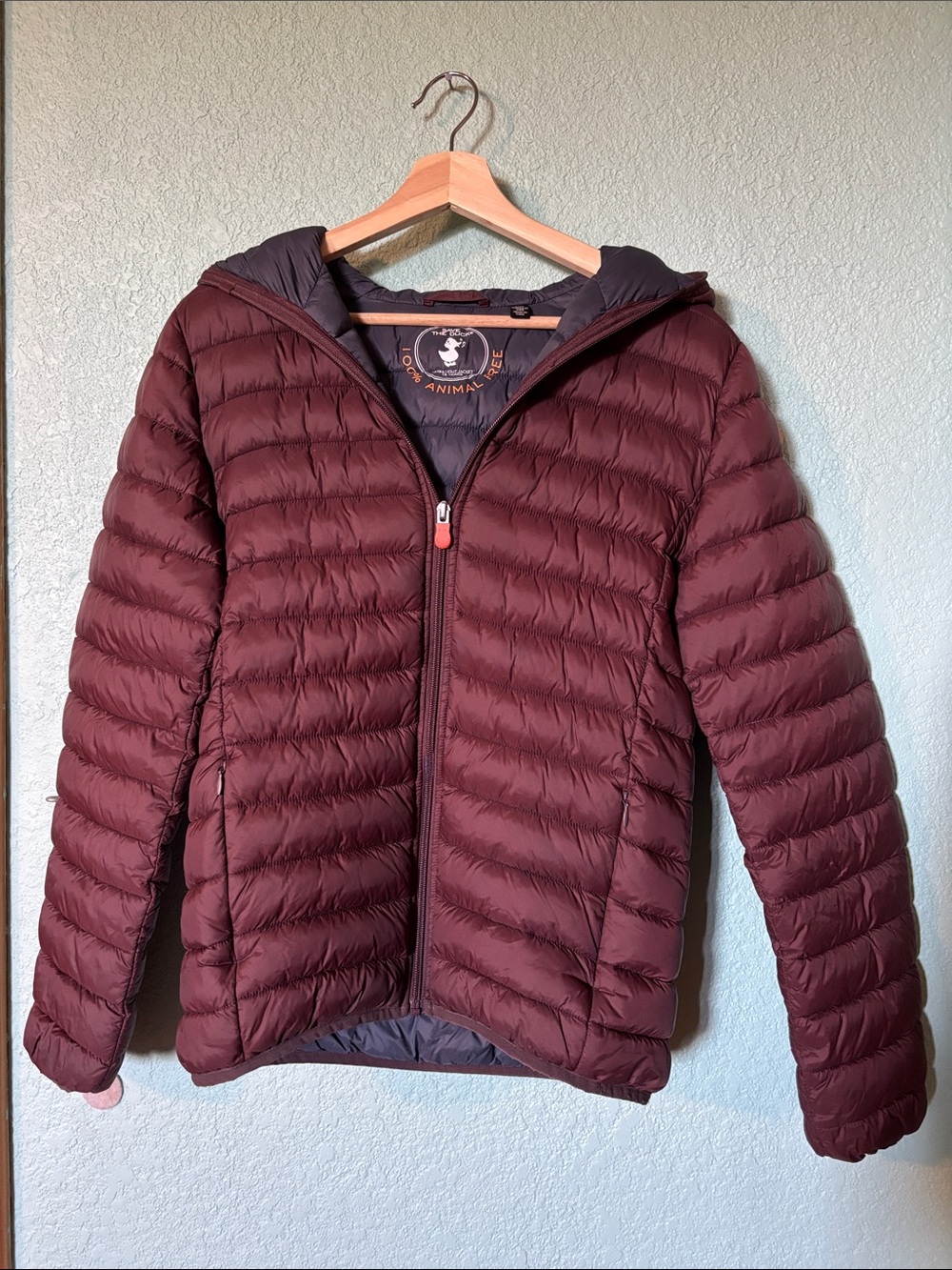 Save the Duck Burgundy Youth Hooded Puffer Jacket with Pockets Size 16 Good